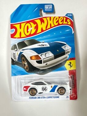 Hot Wheels Ferrari 365 GTB4 Competizione Toy Car - White with Blue & Red Accents